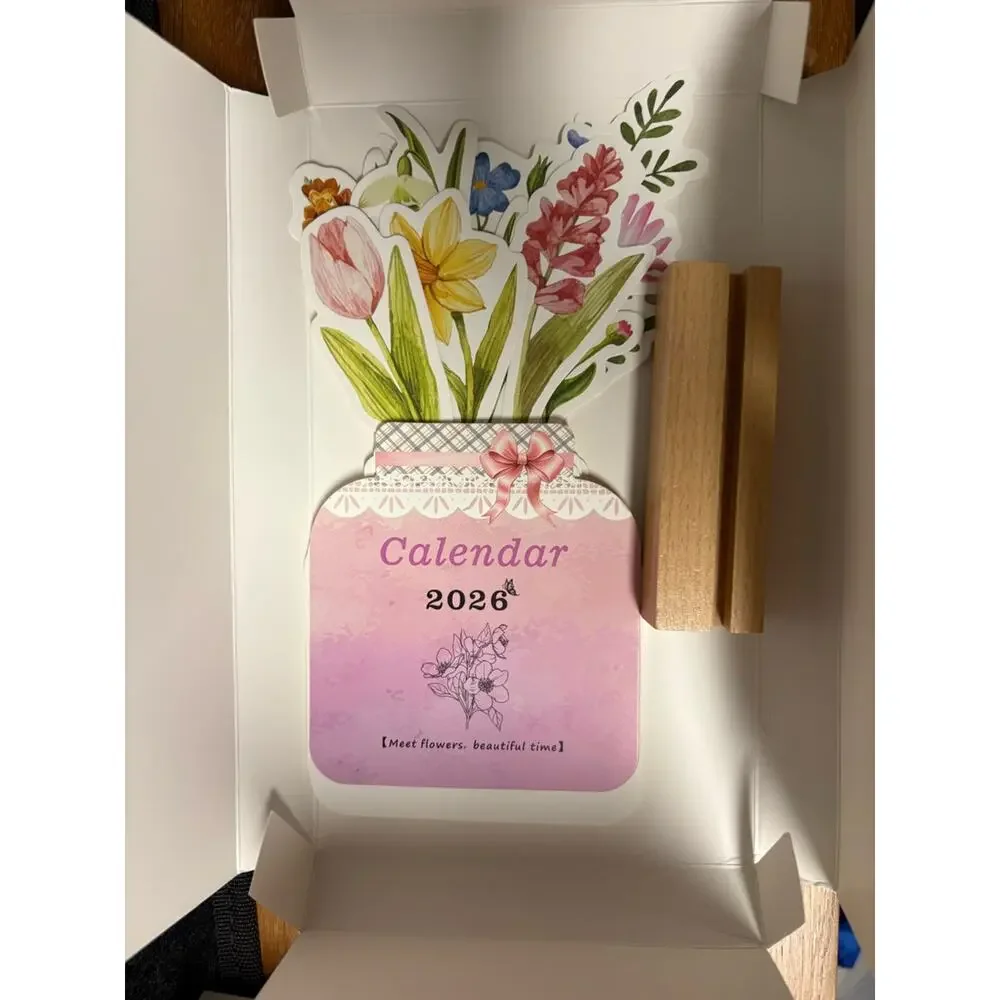 2026 Floral Desk Calendar w/ Wooden Stand – Pop Up Flower Bouquet Design